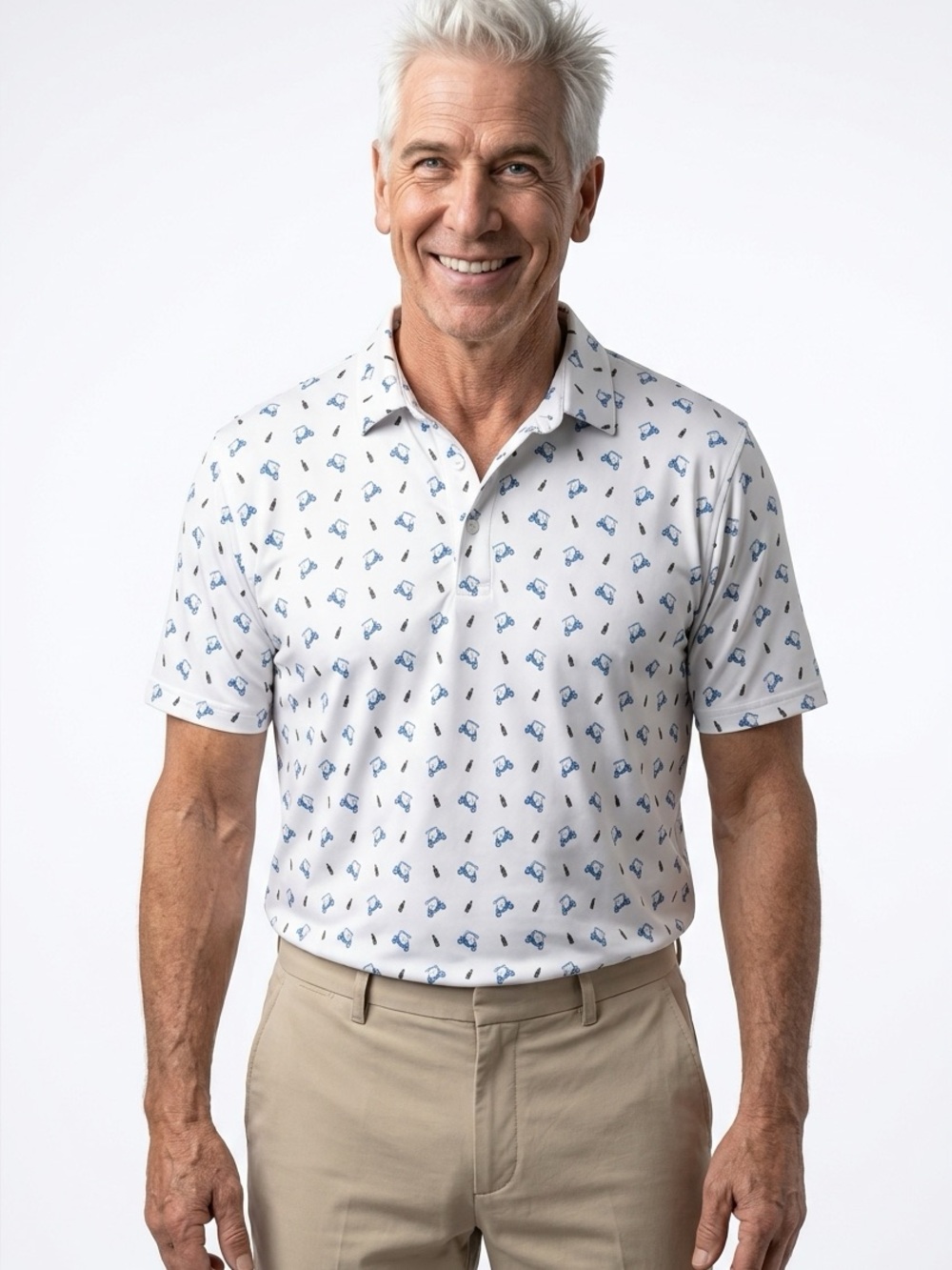 Etonic Men's White Polo with Blue Golf Cart Print